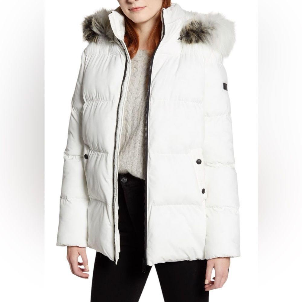 Sam Edelman White Puffer Jacket With Faux Fur Hood Womens Size Small